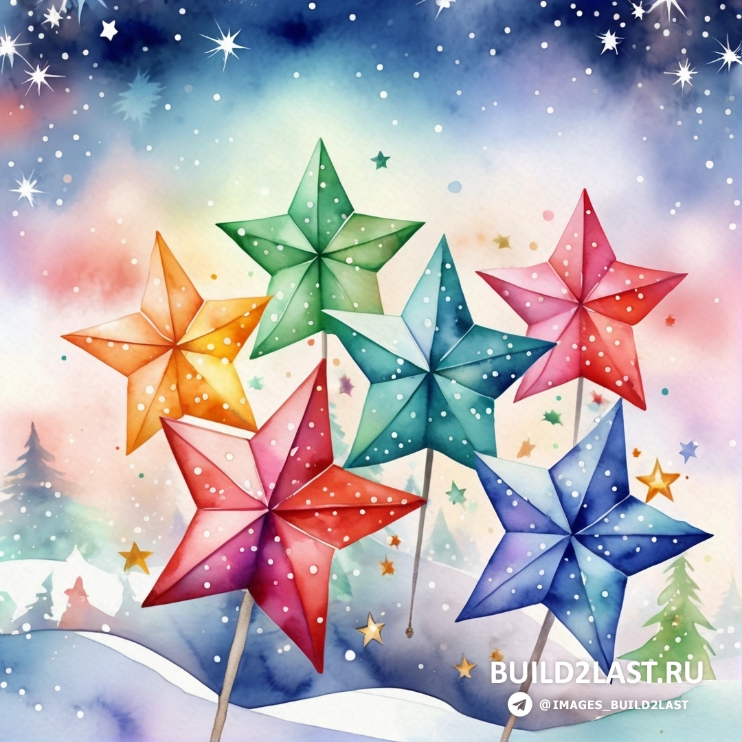 картина с шестью разноцветными звездами на палке в снегу на фоне неба
