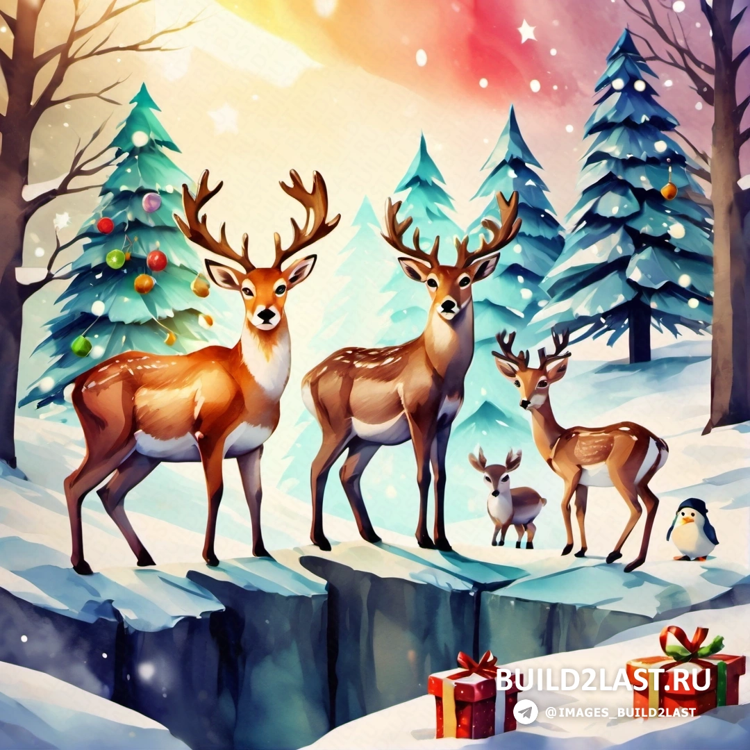 картина с изображением оленя и пингвина в заснеженном лесу с рождественскими елками и подарками на земле и пингвином 