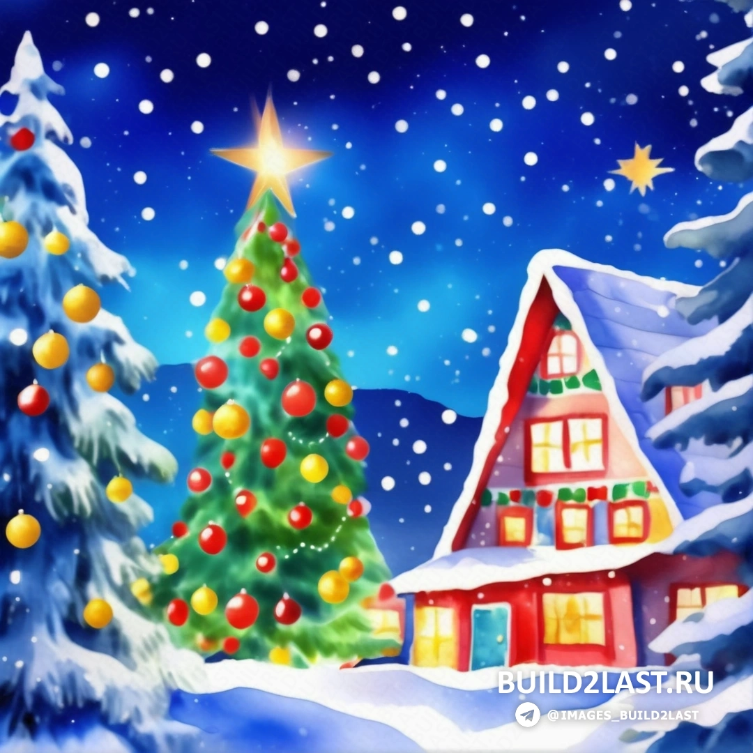картина с изображением рождественской елки и дома в снегу