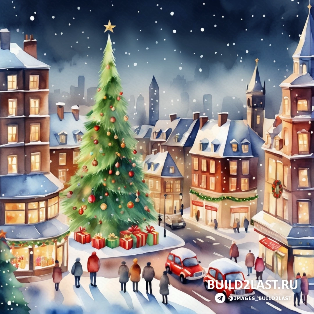 картина с изображением рождественской елки в заснеженном городе, гуляют люди и припаркованная перед ней машина