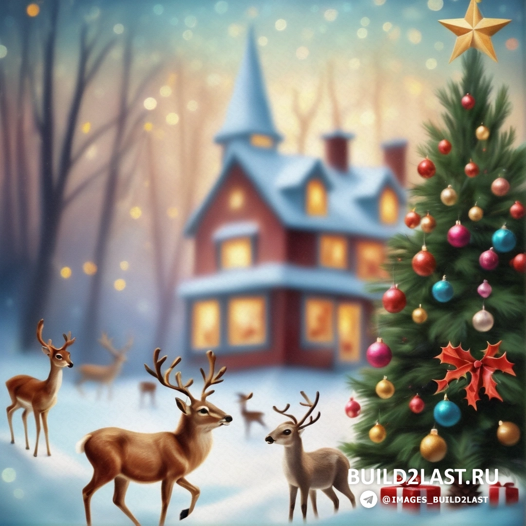 картина с изображением рождественской елки с оленями перед ней и дома