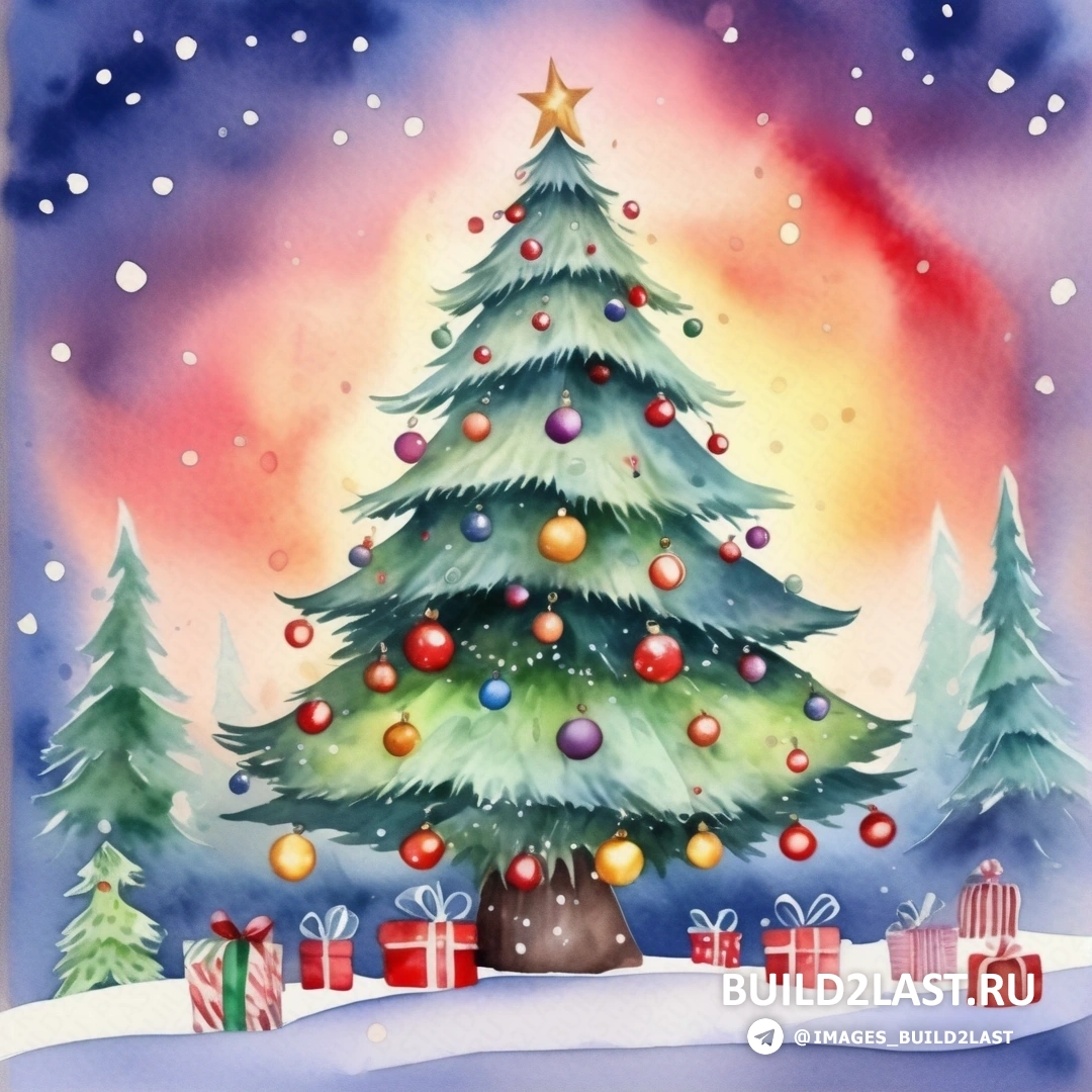 картина с изображением рождественской елки с подарками и фоном неба со звездами и снежинками