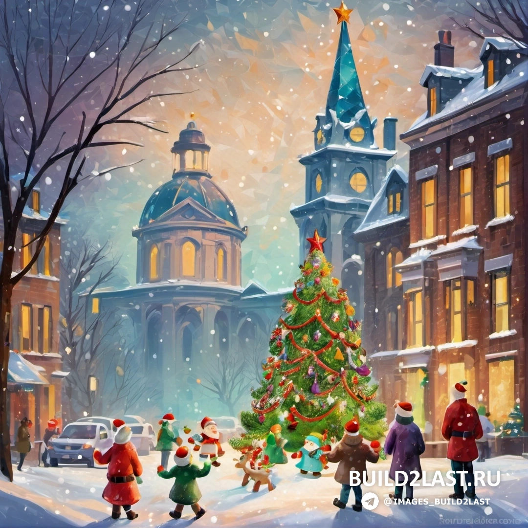 картина с изображением рождественской елки в заснеженном городе с людьми и церковью