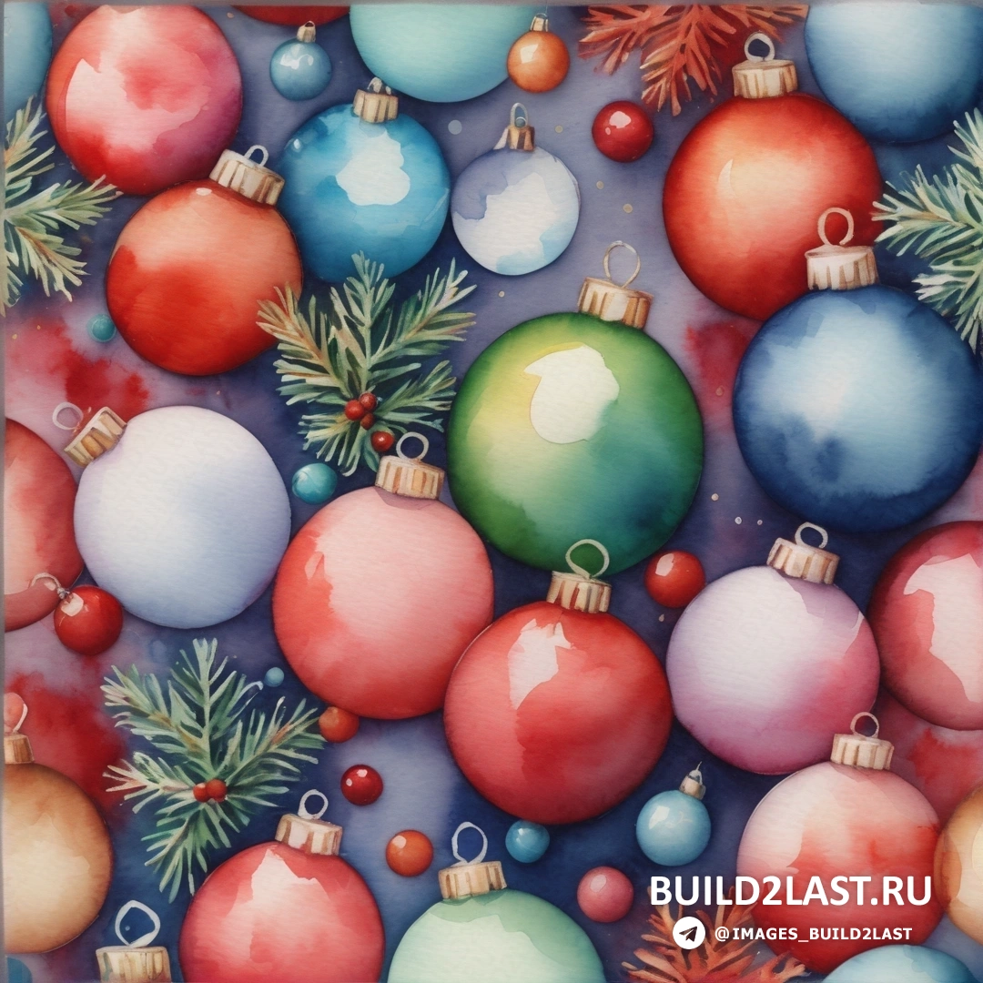 картина с рождественскими украшениями на синем фоне с сосновыми ветвями и шишками внизу картины