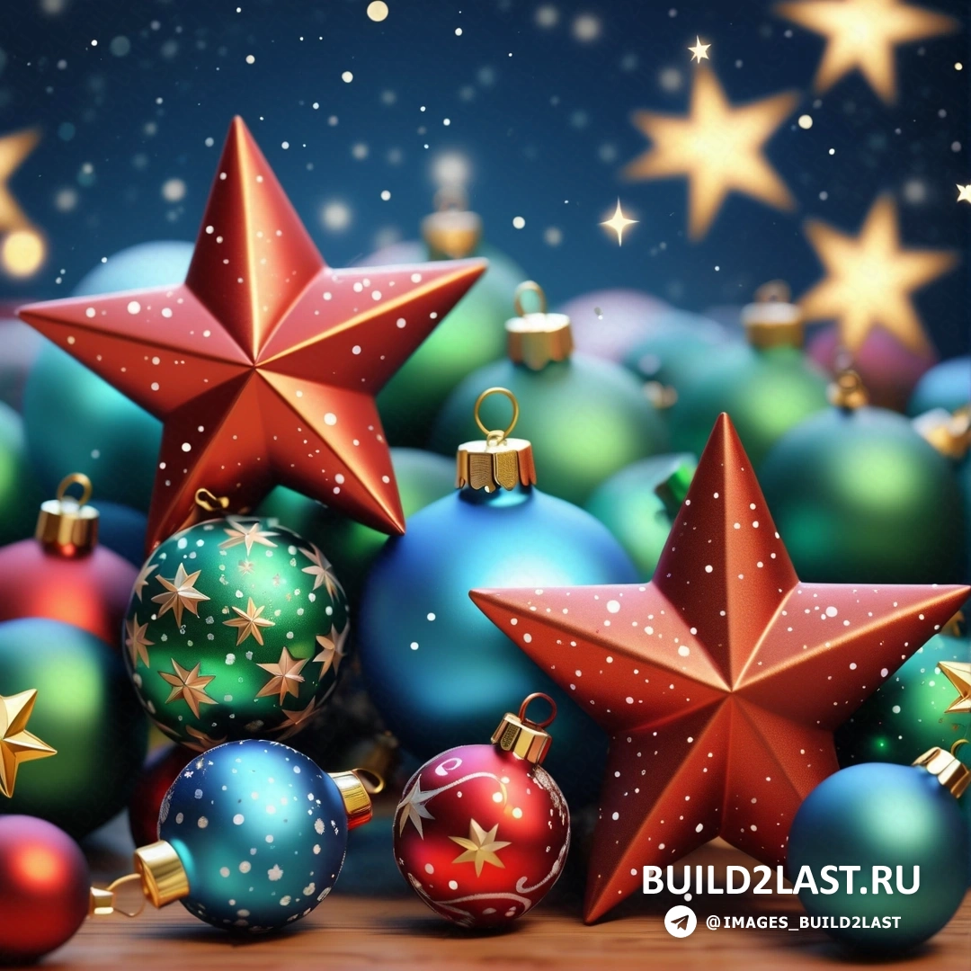 картина с рождественскими украшениями и звездами на столешнице с синим фоном