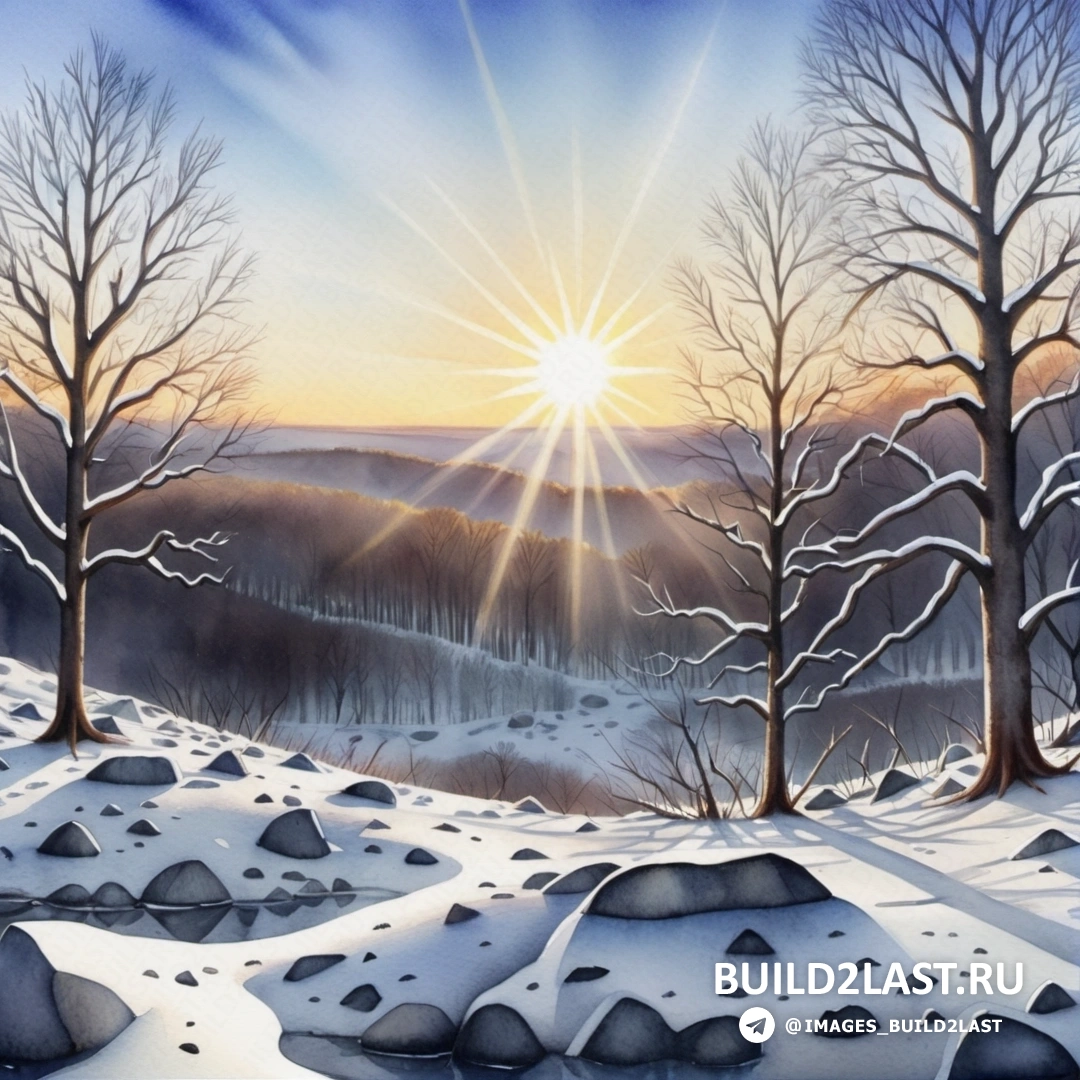 картина снежного пейзажа с деревьями и садящимся солнцем с голубым небом и белыми облаками