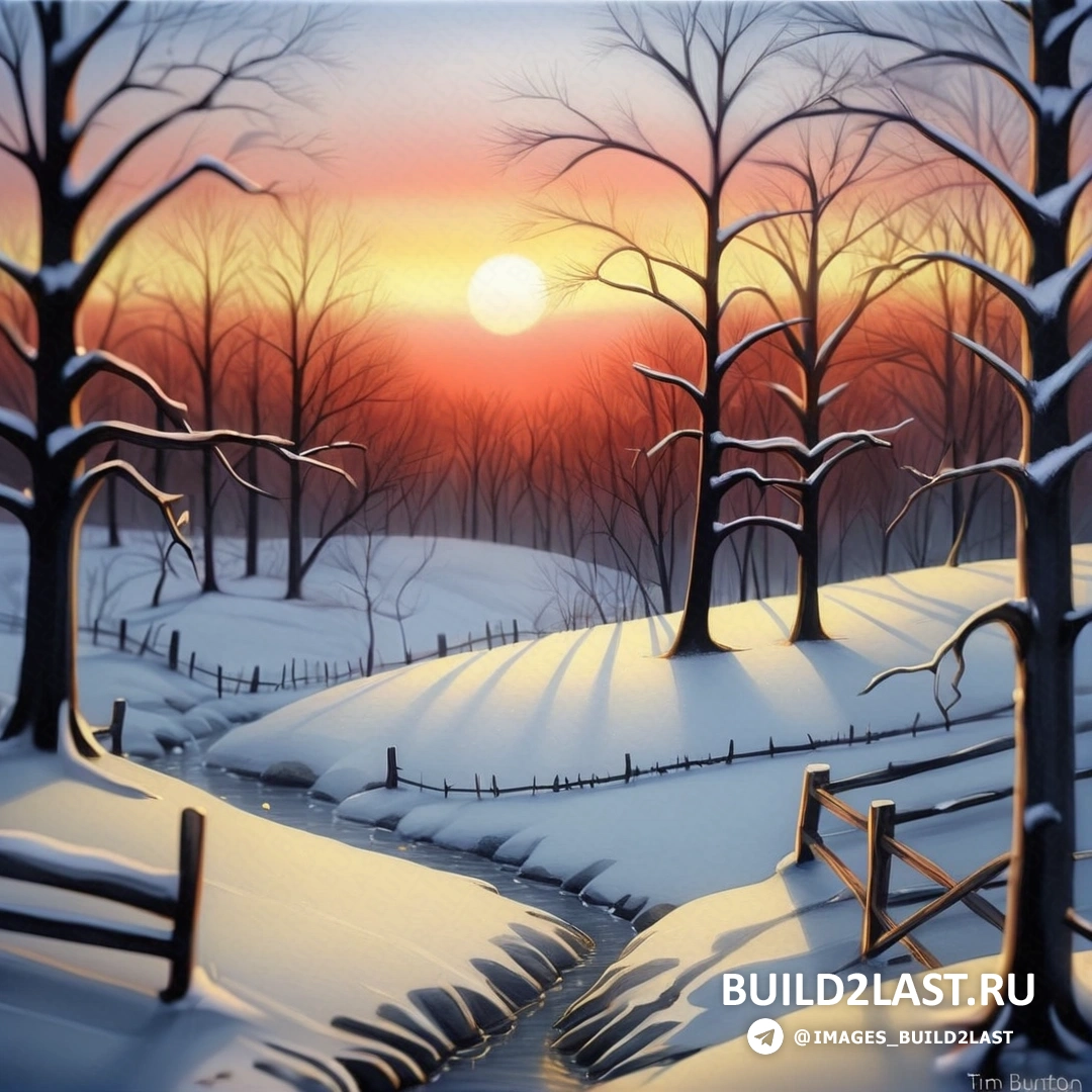 картина снежного пейзажа с закатом и забором со снегом на земле
