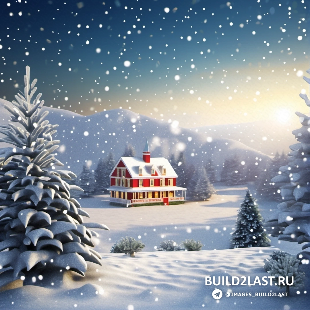 картина снежного пейзажа с домом и деревьями и солнцем