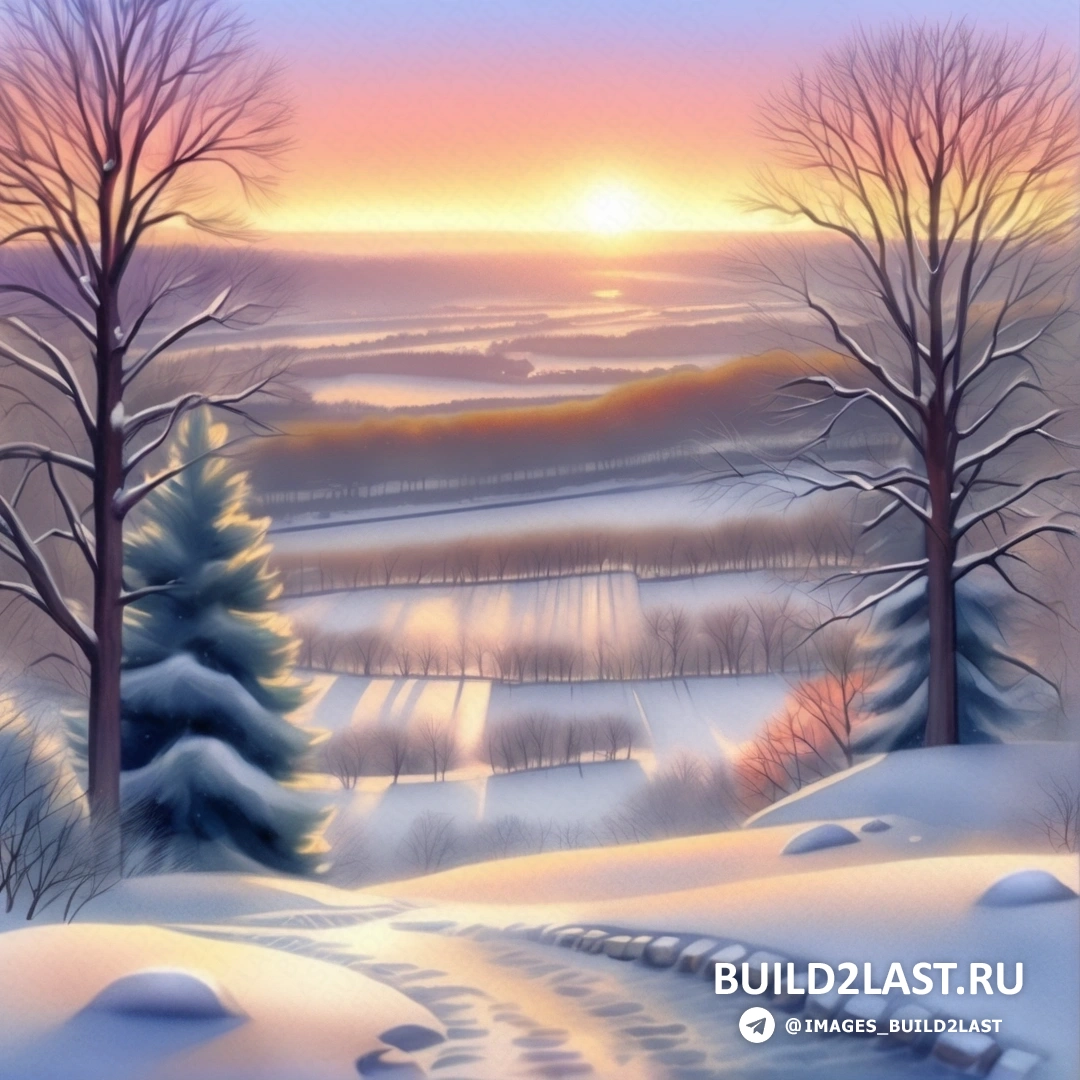 картина снежного пейзажа с деревьями и закатом с тропинкой, ведущей к заснеженному холму