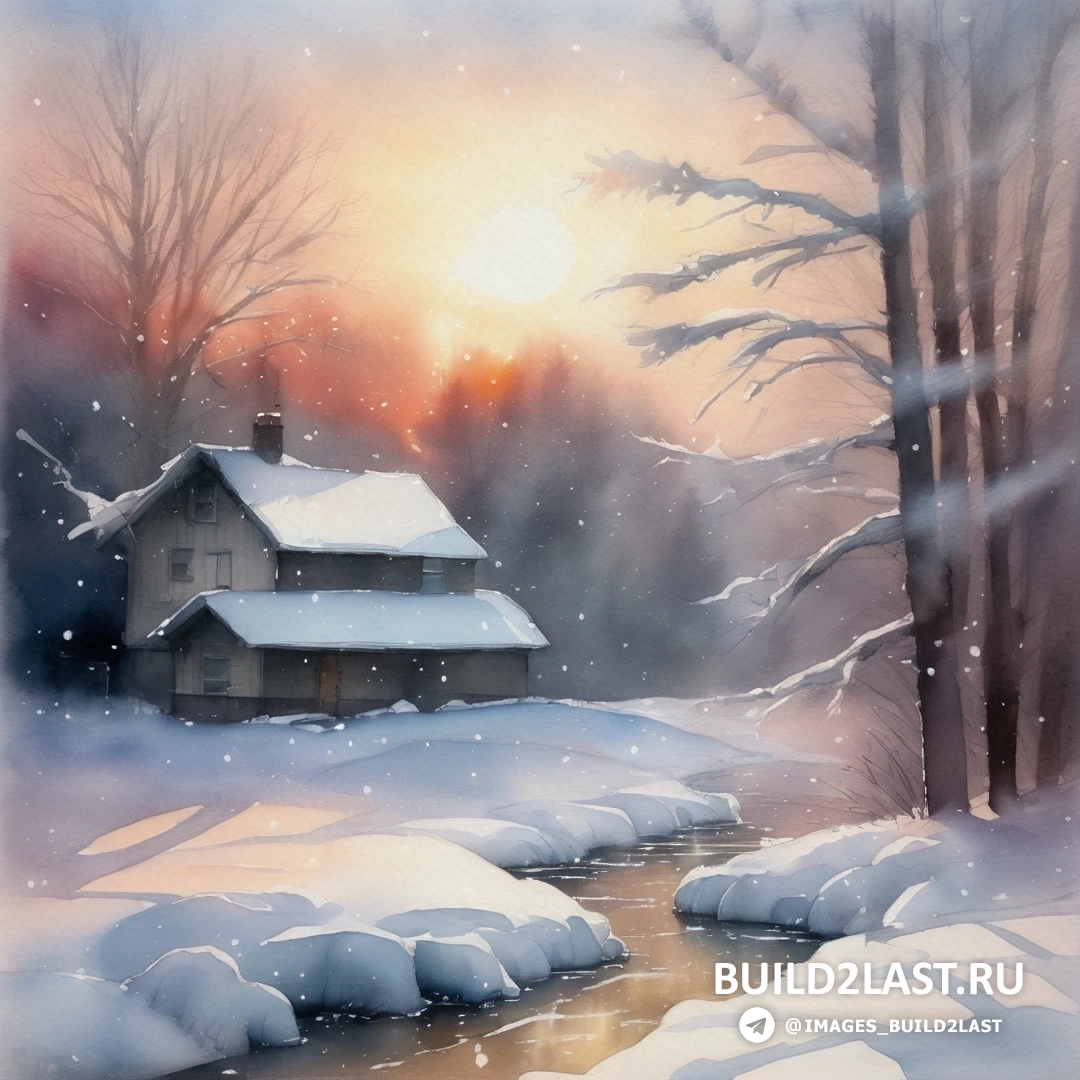 картина снежного пейзажа с домом и ручьем и деревьями