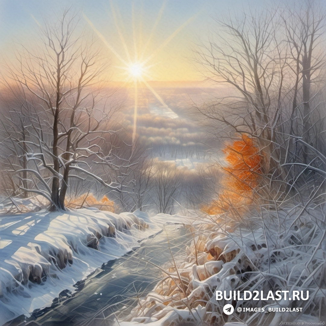 картина снежного пейзажа с деревьями и ручьем и солнцем
