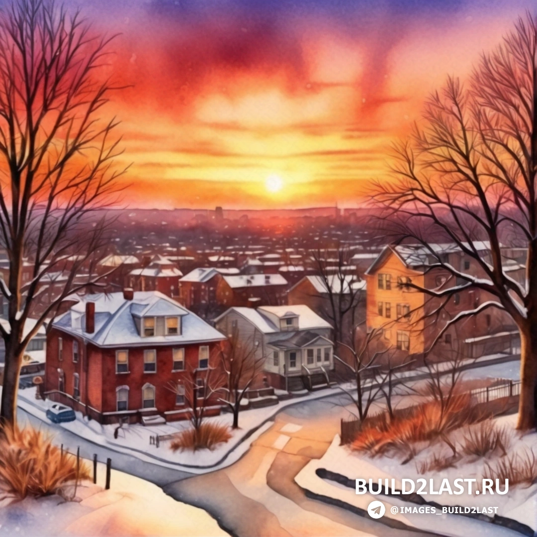картина снежного заката над городом с домами и деревьями и дорогой 
