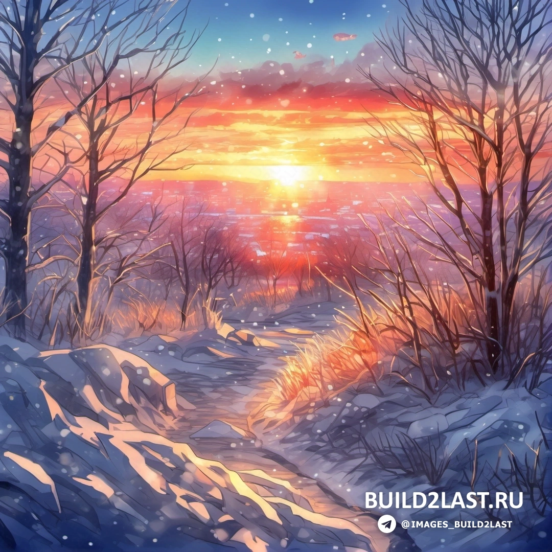 картина снежного заката с деревьями и снегом на земле и тропой, ведущей к солнцу