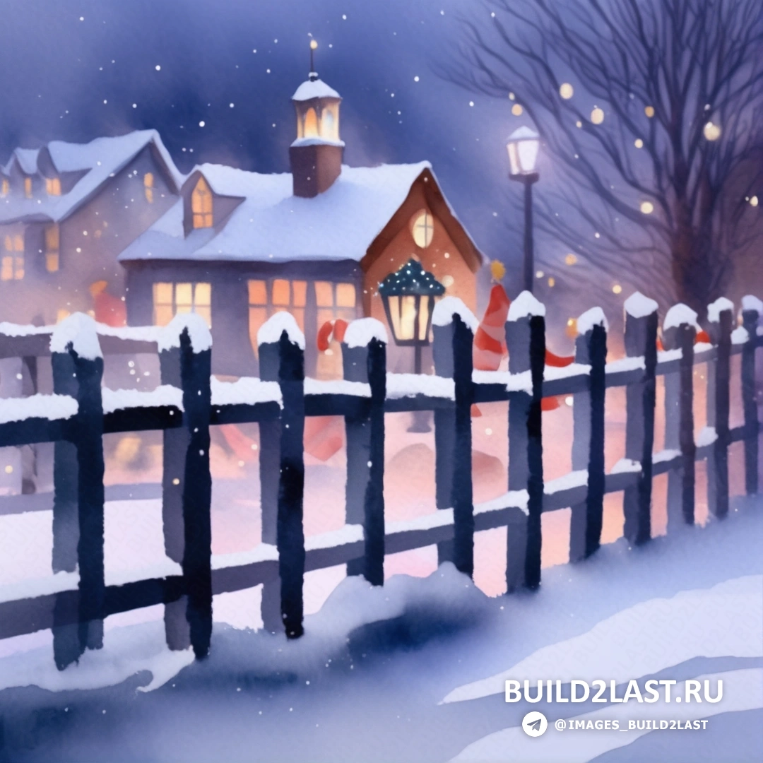 картина снежной ночи с домом и забором и уличным фонарем