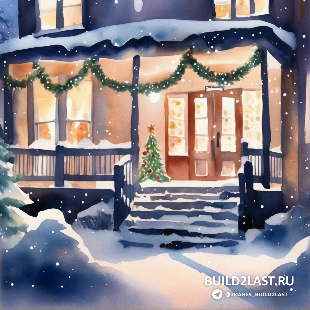 картина снежной сцены с освещенным домом и рождественской елкой в снегу с освещенной верандой