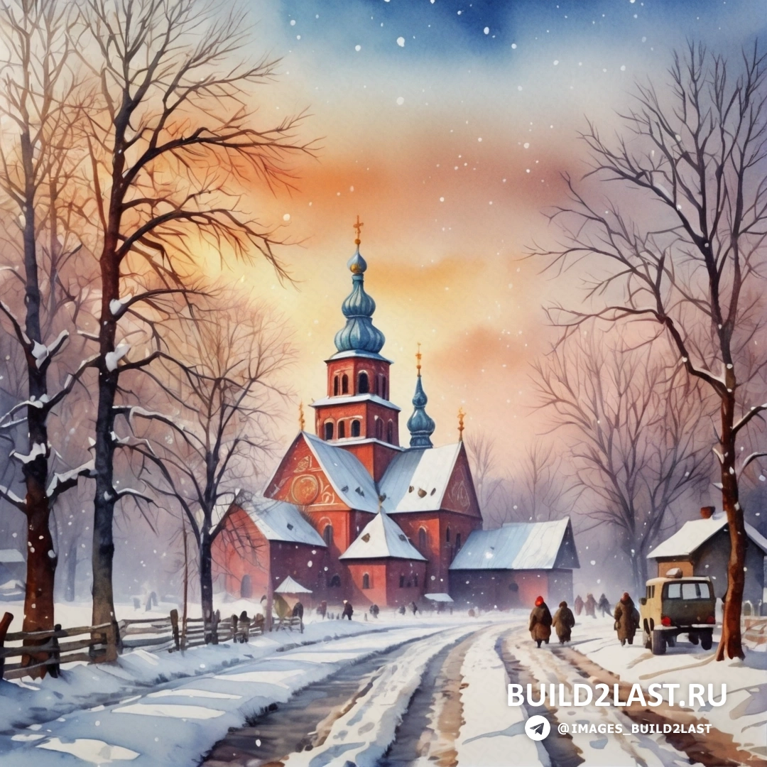 картина снежной сцены с церковью и людьми, идущими по снегу возле забора и деревьев