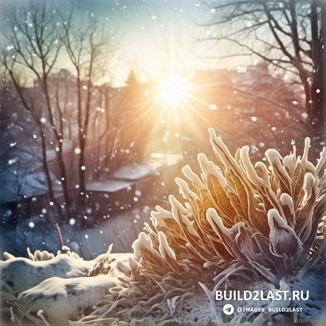 картина солнца, сияющего сквозь деревья в снегу, с растением и зданием на заднем
