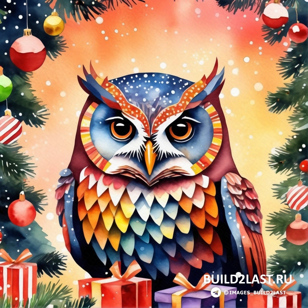 картина совы, на дереве с подарками и рождественской елкой