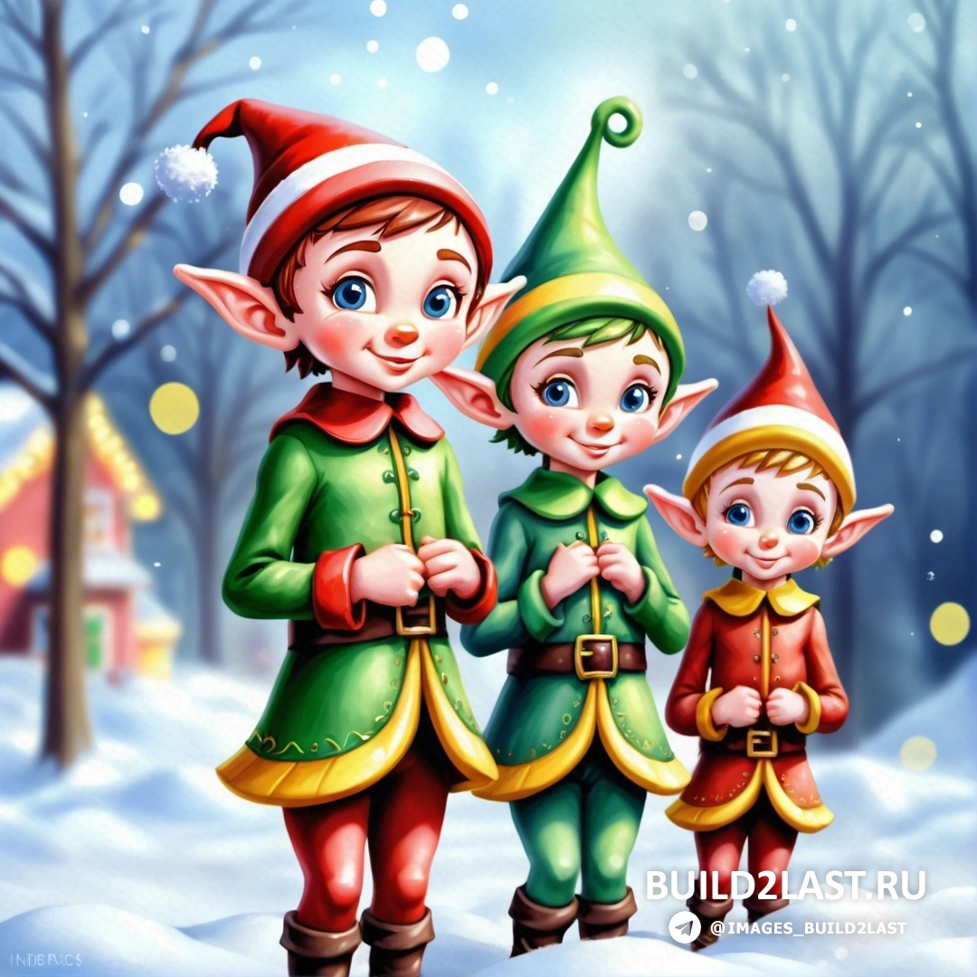 картина трех эльфов, стоящих на снегу, с маленьким мальчиком и домом