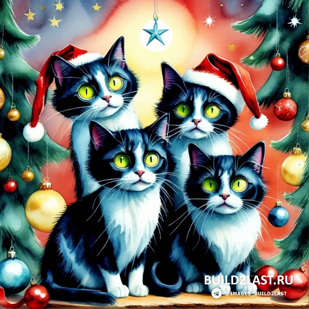 картина трех кошек, перед рождественской елкой со звездой на голове