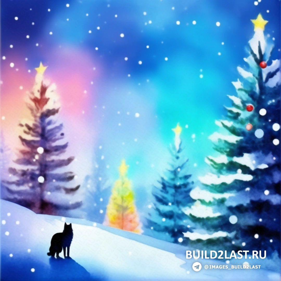 картина волка, стоящего в снегу возле рождественской елки с фоном неба и звездами на небе