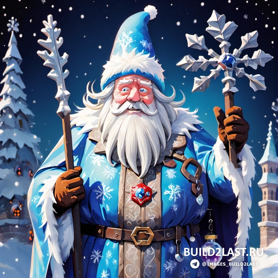 картина волшебника, держащего палочку и снежинку в руке