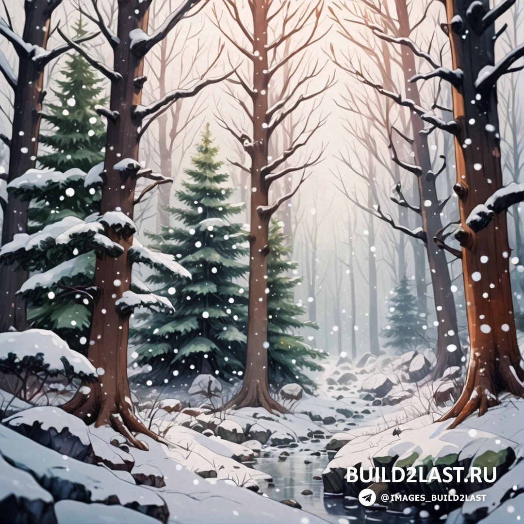 картина заснеженного леса с ручьем и деревьями с снегом