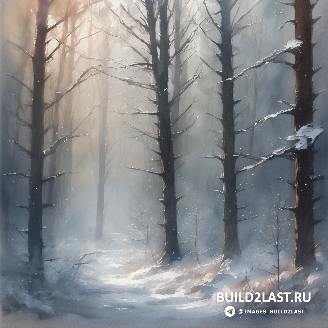 картина заснеженного леса с деревьями и снегом на земле и солнцем, сияющим сквозь деревья