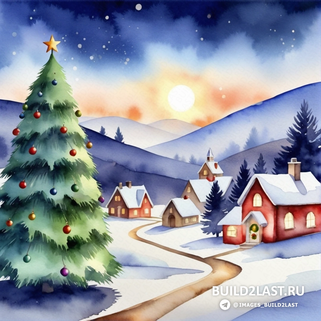 картина заснеженной деревни с рождественской елкой и освещенным домом со звездой наверху