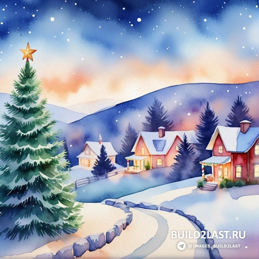 картина заснеженной деревни с рождественской елкой и звездой на вершине, а также заснеженным холмом