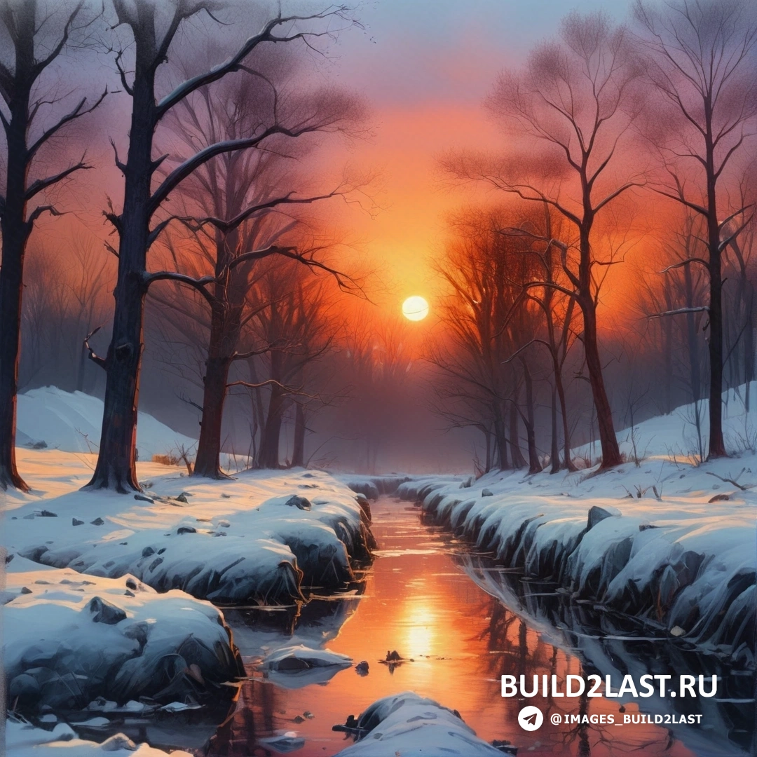 картина заснеженной реки на закате с деревьями и снегом на земле и заходящим вдали солнцем