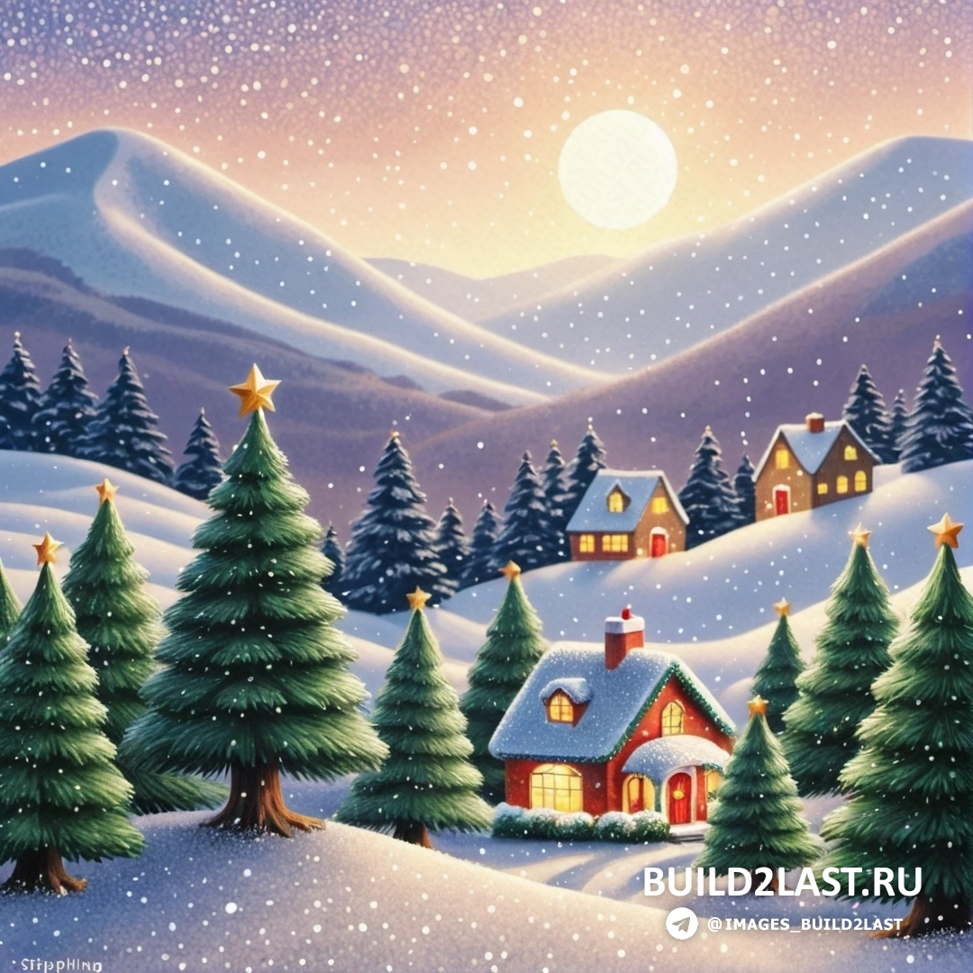 картина заснеженной рождественской сцены с домом и деревьями и полной луной