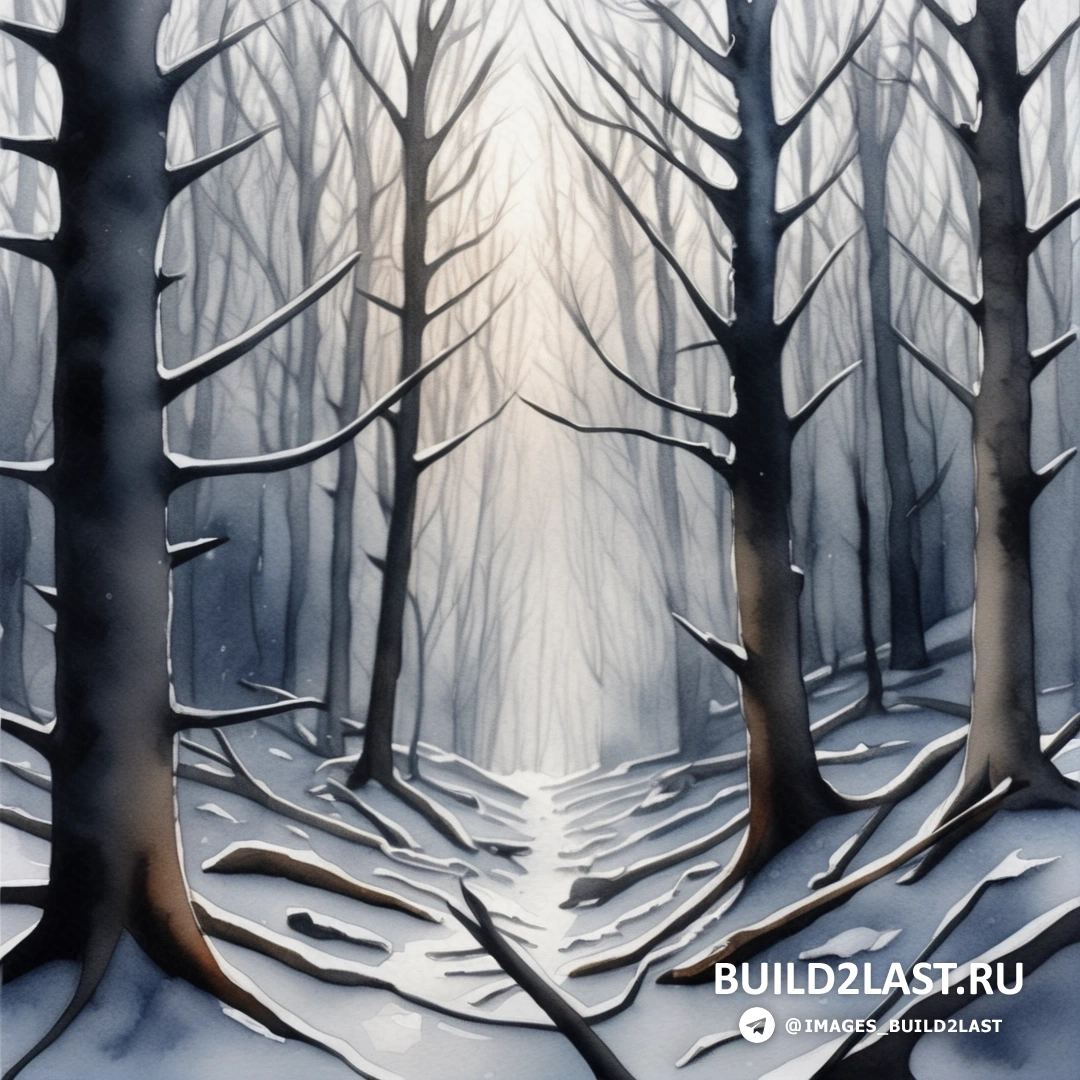 картина заснеженной тропы через лес с деревьями и снегом на земле и солнцем, сияющим сквозь деревья
