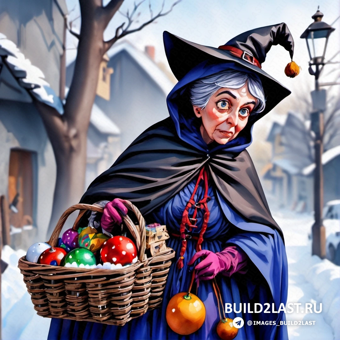картина женщины, одетой в костюм ведьмы, держащей в снегу корзину с яйцами, на фоне дома