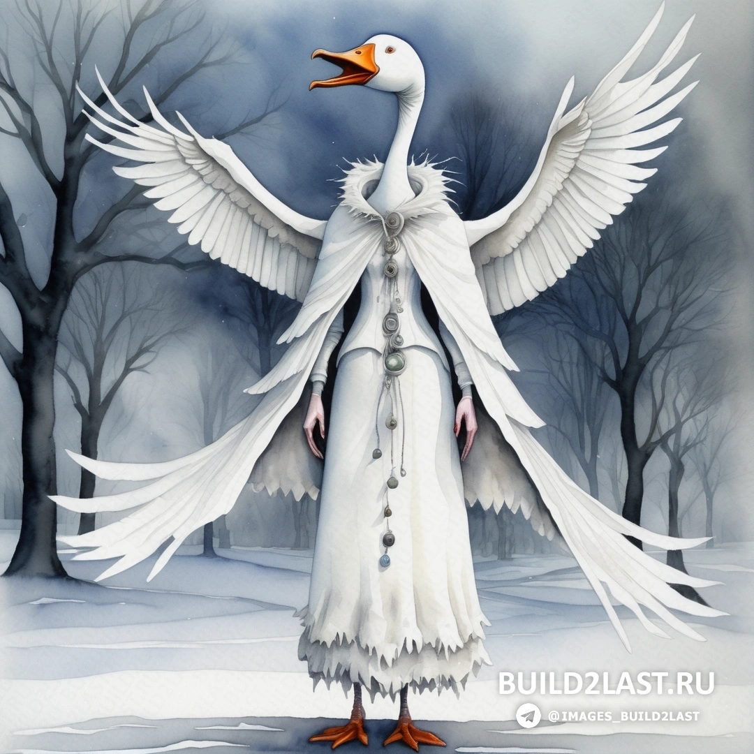картина женщины с белыми крыльями и белым платьем с оранжевыми клювами