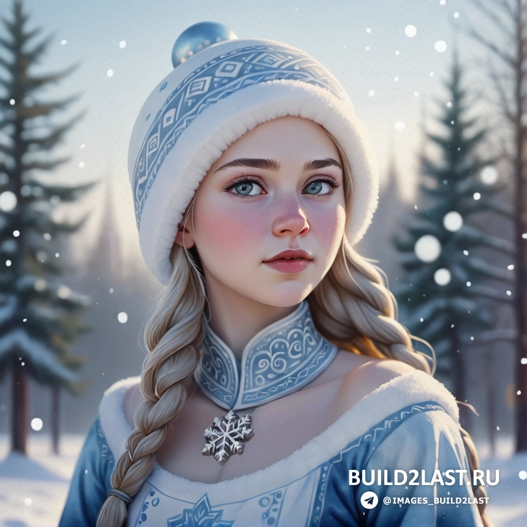 картина Снегурочка в синем платье и белой шляпе на снегу на фоне сосен
