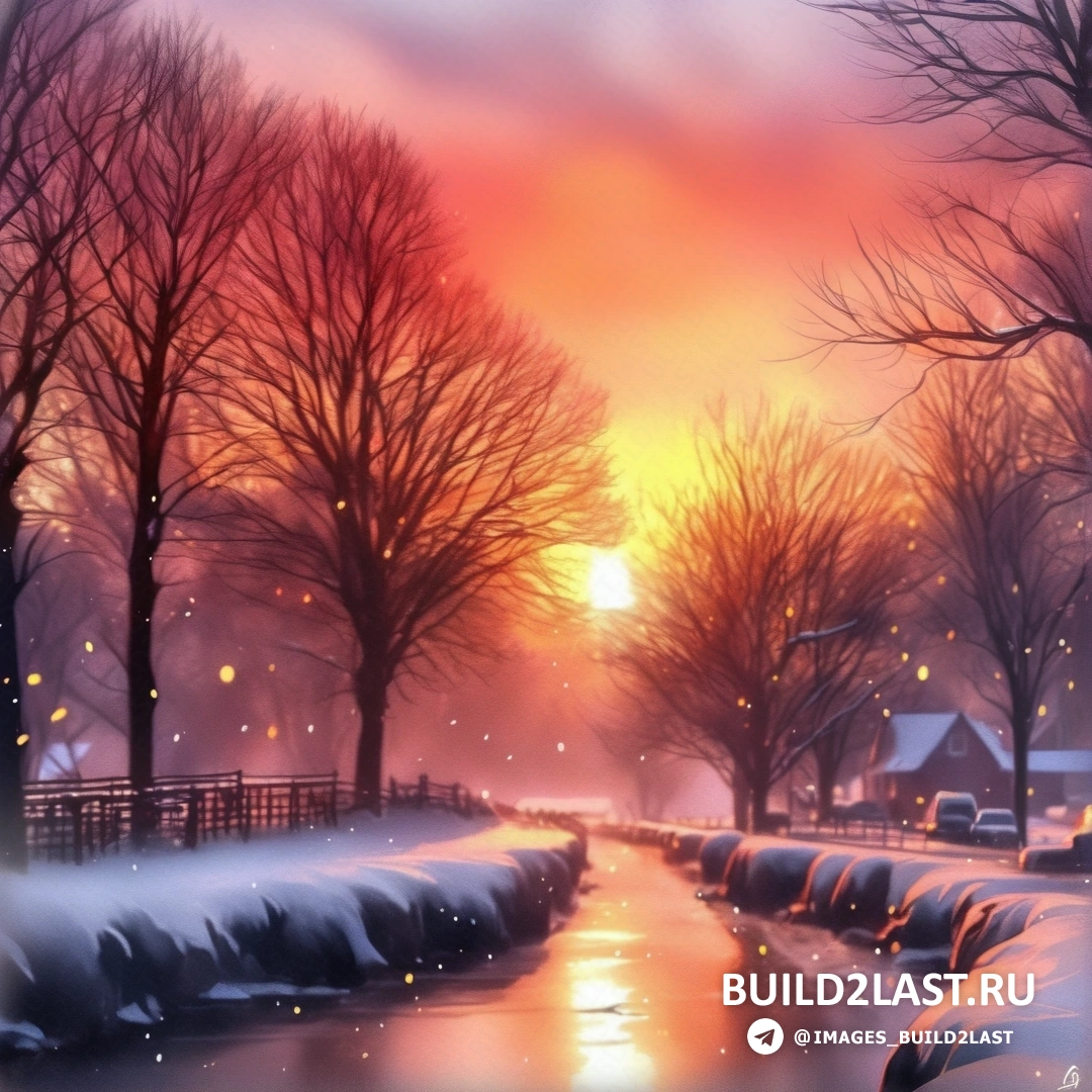 картина зимней сцены с рекой и деревьями и закатом