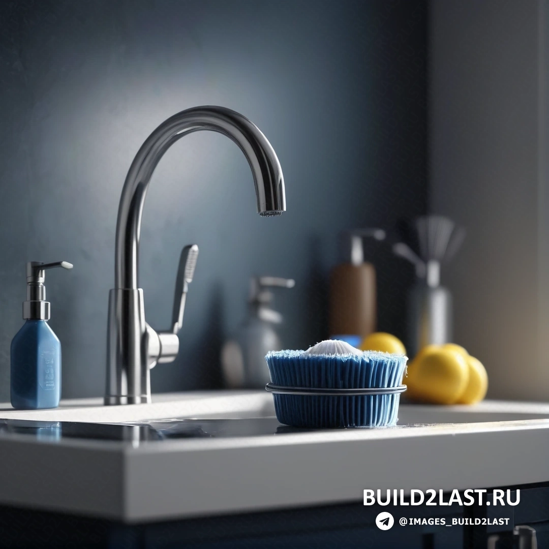 Фотореализм - 3D-визуализация. Кекс на кухонной мойке рядом с краном и дозатором мыла
