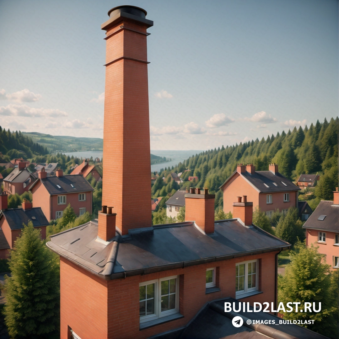 Движение декоративно-прикладного искусства - фото тилт-шифт. Кирпичный дымоход на крыше здания с озером на заднем плане