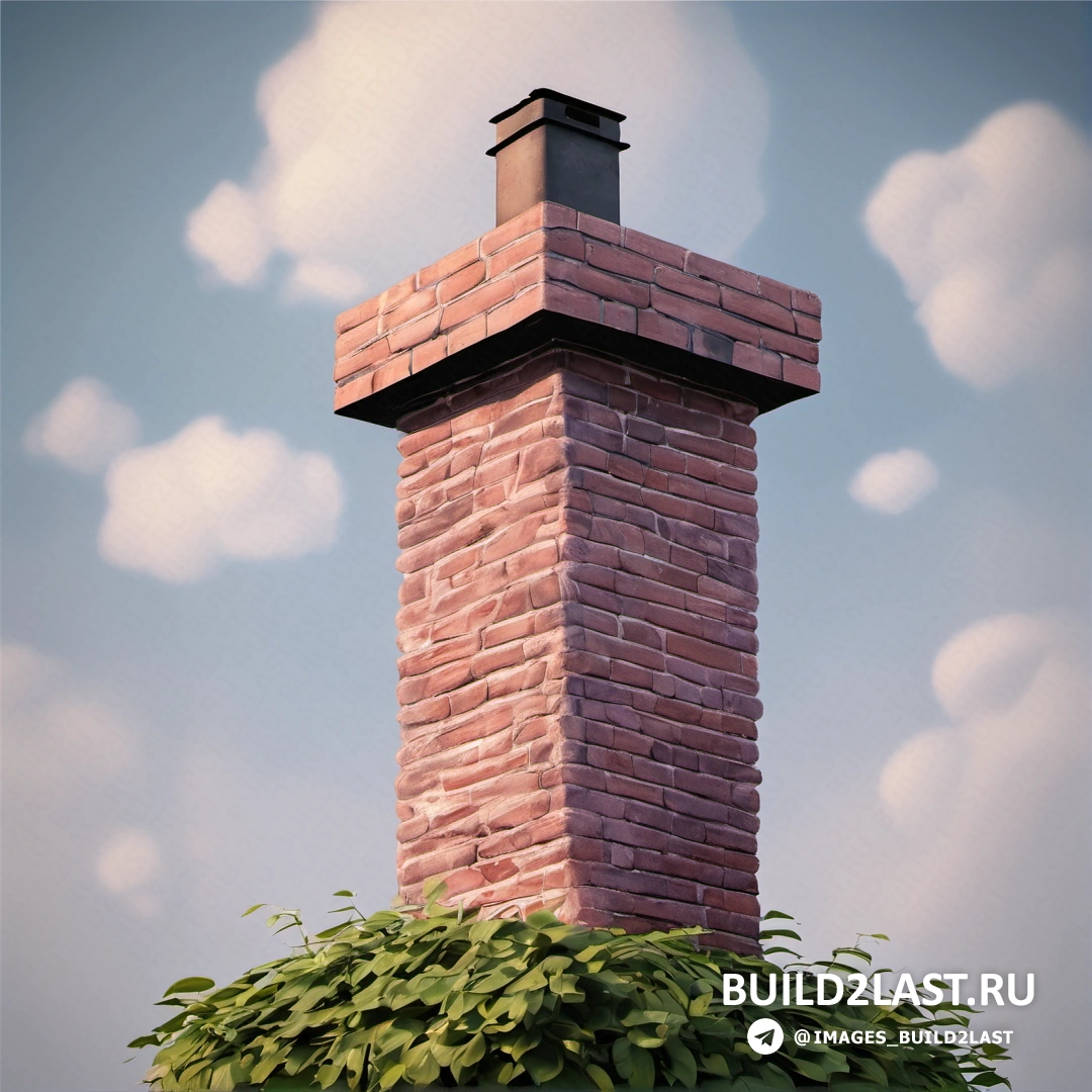 Фотореализм - низкополигональный рендер. Кирпичный дымоход, на вершине которого растет зеленый куст.