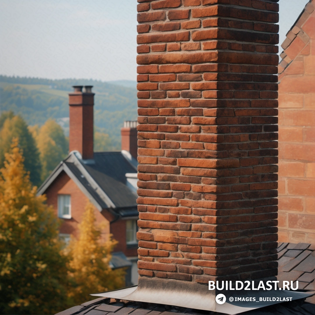 Фотореализм - 3D рендер. Кирпичный дымоход с видом на дом на заднем плане