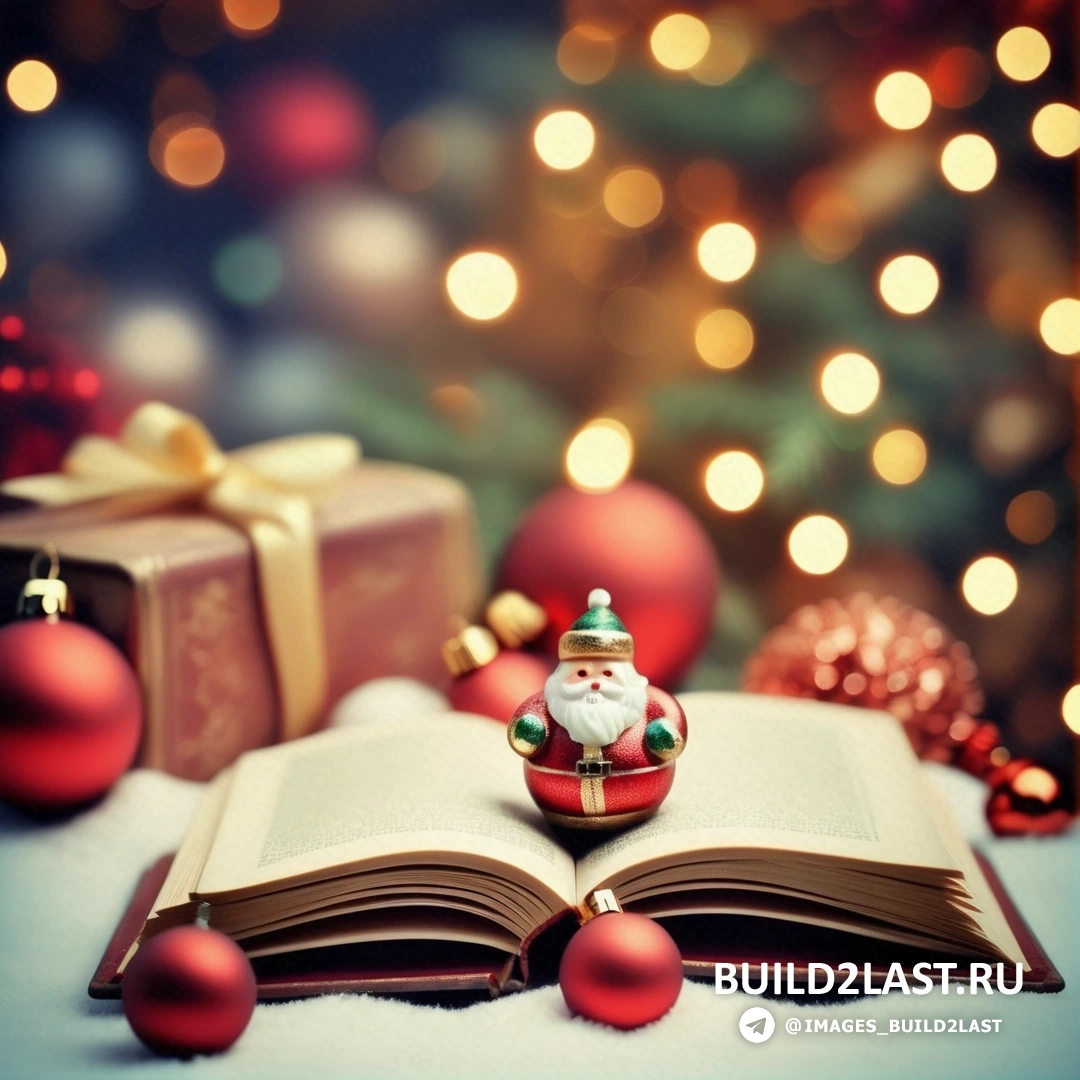 книга с Санта-Клаусом и рождественскими украшениями и рождественской елкой