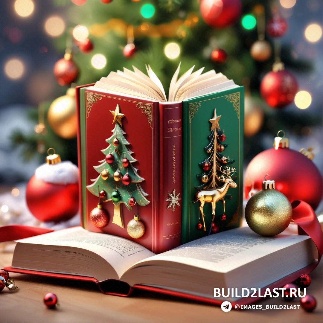 книга с рождественскими украшениями, лежащая на столе рядом с рождественской елкой