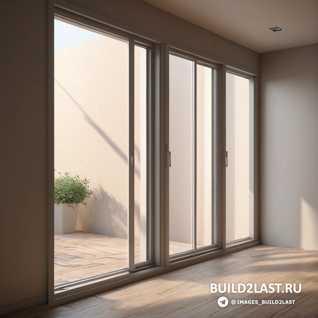 Фотореализм - 3D рендер. Комната с большим окном и растением в горшке на полу рядом с ним и дверью, ведущей на балкон