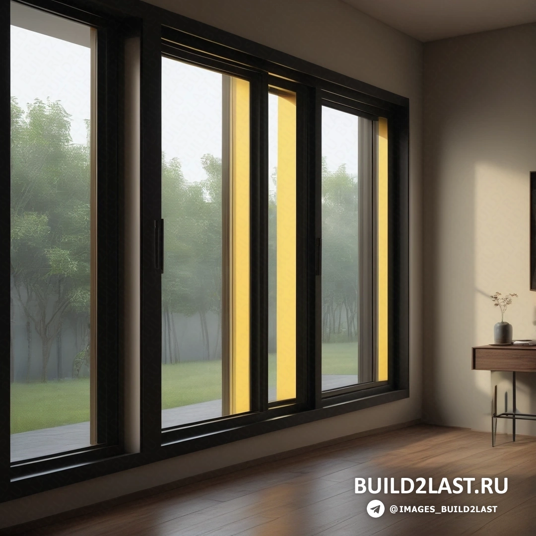 Фотореализм - цифровая визуализация. Комната с большим окном и зеркалом на стене и столом с вазой на нем