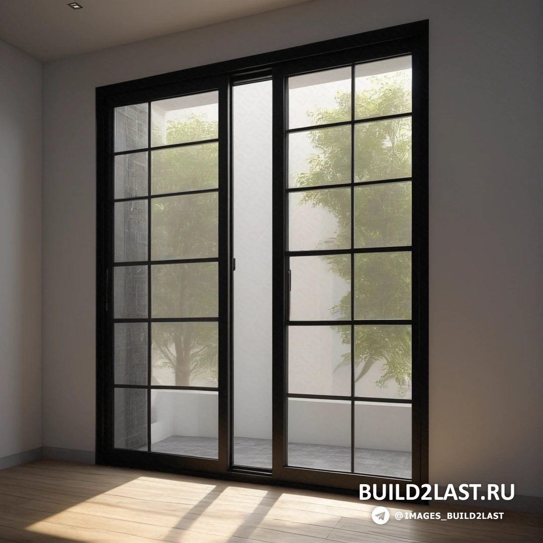 Фотореализм - 3D-рендер. Комната с большим окном и деревянным полом, свет из окна и дерево за окном