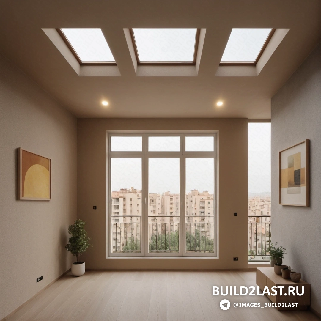 Свет и пространство - фотореалистичная картина. Комната с большим окном и деревянным полом с растением.