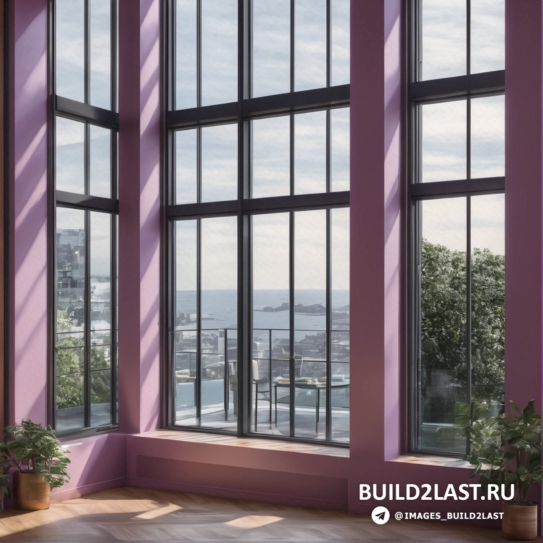 Build2Last: фотореализм - цифровой рендеринг. комната с большим окном и растением в горшке в углу комнаты с видом на город