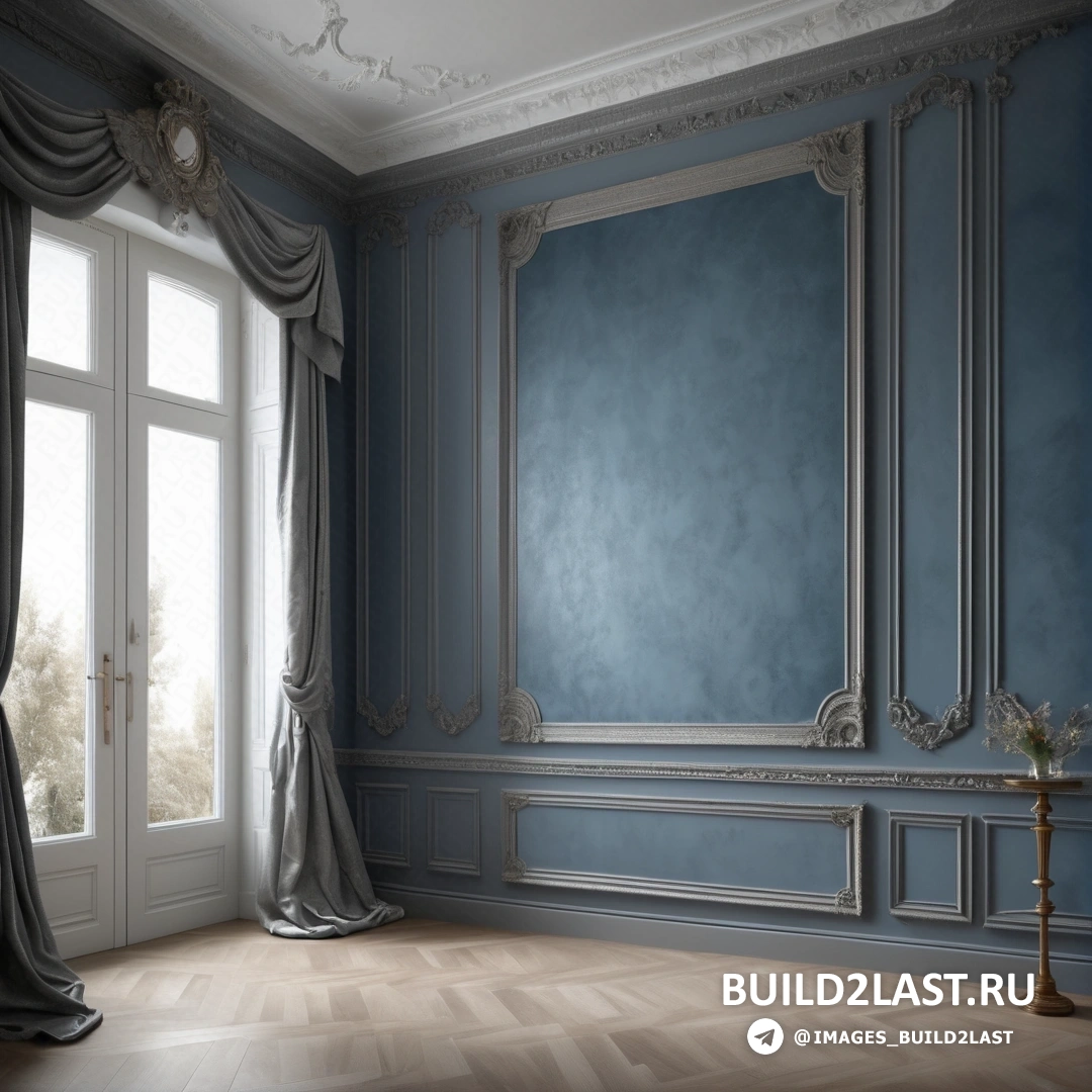 Рококо – фламандское барокко. Комната с большим окном и синей стеной с зеркалом и вазой с цветами.