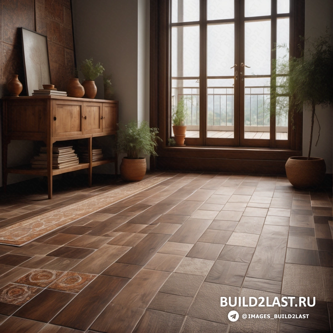 Фотореализм - 3D рендер. Комната с большим окном, деревянным столом с растением в горшке и ковриком на полу.
